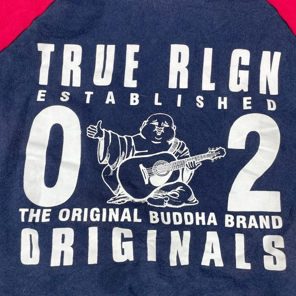 True Religion Zip Up Hoodie Mens L Navy Red Buddha Originals Colorblock Raglan